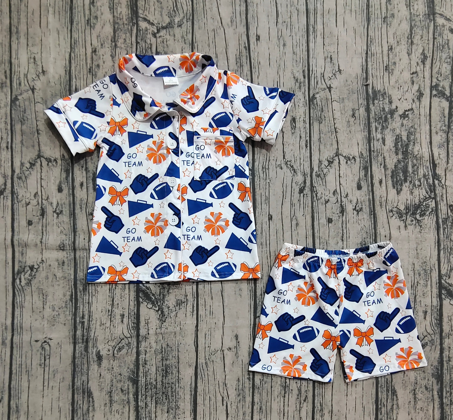 Baby Girl Shot Sleeves Navy Football Stars Bows Cheer Buttons Shirt Short Pajamas Team Set RTS
