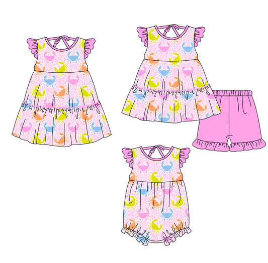 ( Moq 5 Each Style ) Sibling Baby Girls Kids Short  Sleeves Crabs Romper Dress Set Summer Clothes