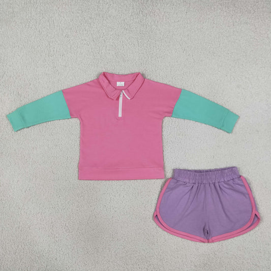Toddler Girls Color Block Half Zip Collar Sweatshirt Athletic Shorts Cotton Set RTS
