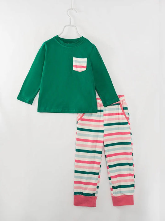 Baby Boy Green Pocket Shirt Stripes Pocket Pants Christmas Set