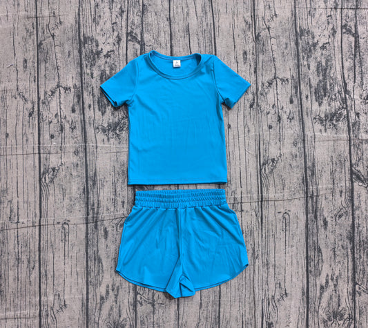 ( No moq ) Preorder Baby Girls Kids Short Sleeves Shirt Skirt Shorts Yoga Active Set Blue Clothes