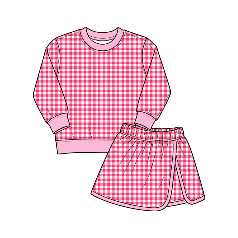 ( Moq 5 ) Preorder Baby Girls Kids Long Sleeves Pink Plaid Shirt Skirt Shorts Set Yoga Active Clothes