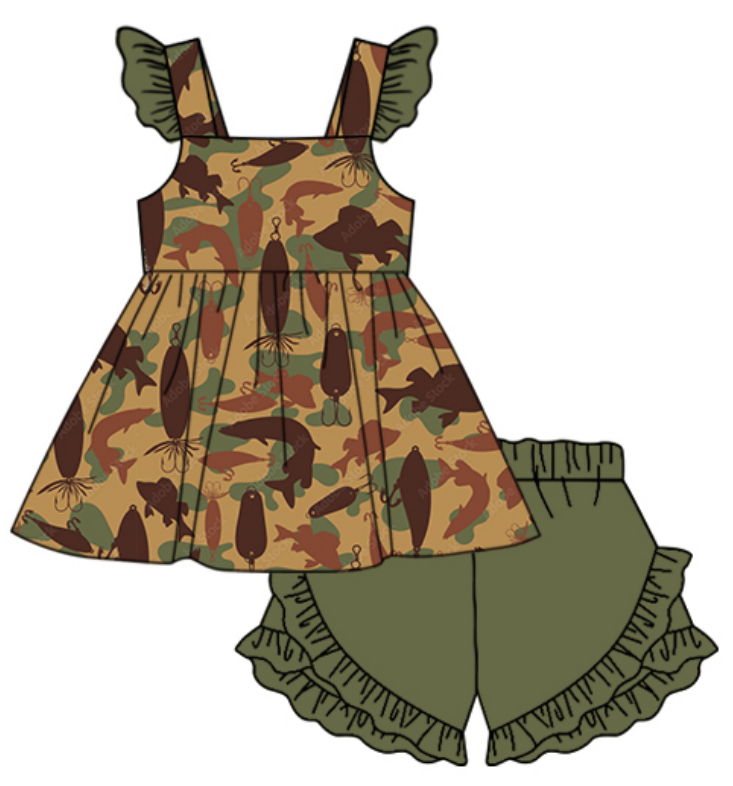 Baby Boy Girl Fishing Camo Sibling Matching Dress Romper Clothes Set ( Moq 5 Each style )