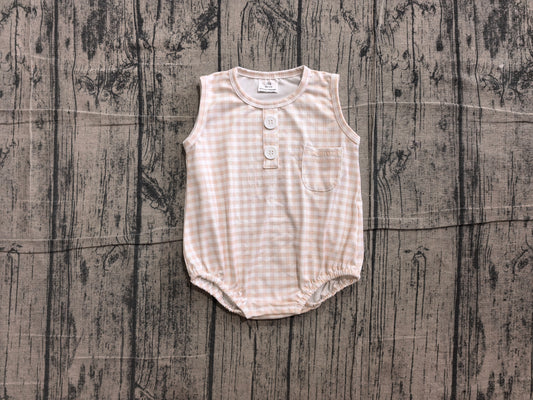 ( No moq ) Preorder Baby Boy Infant Sleeveless Khaki Plaid Pocket Summer Bubble Romper