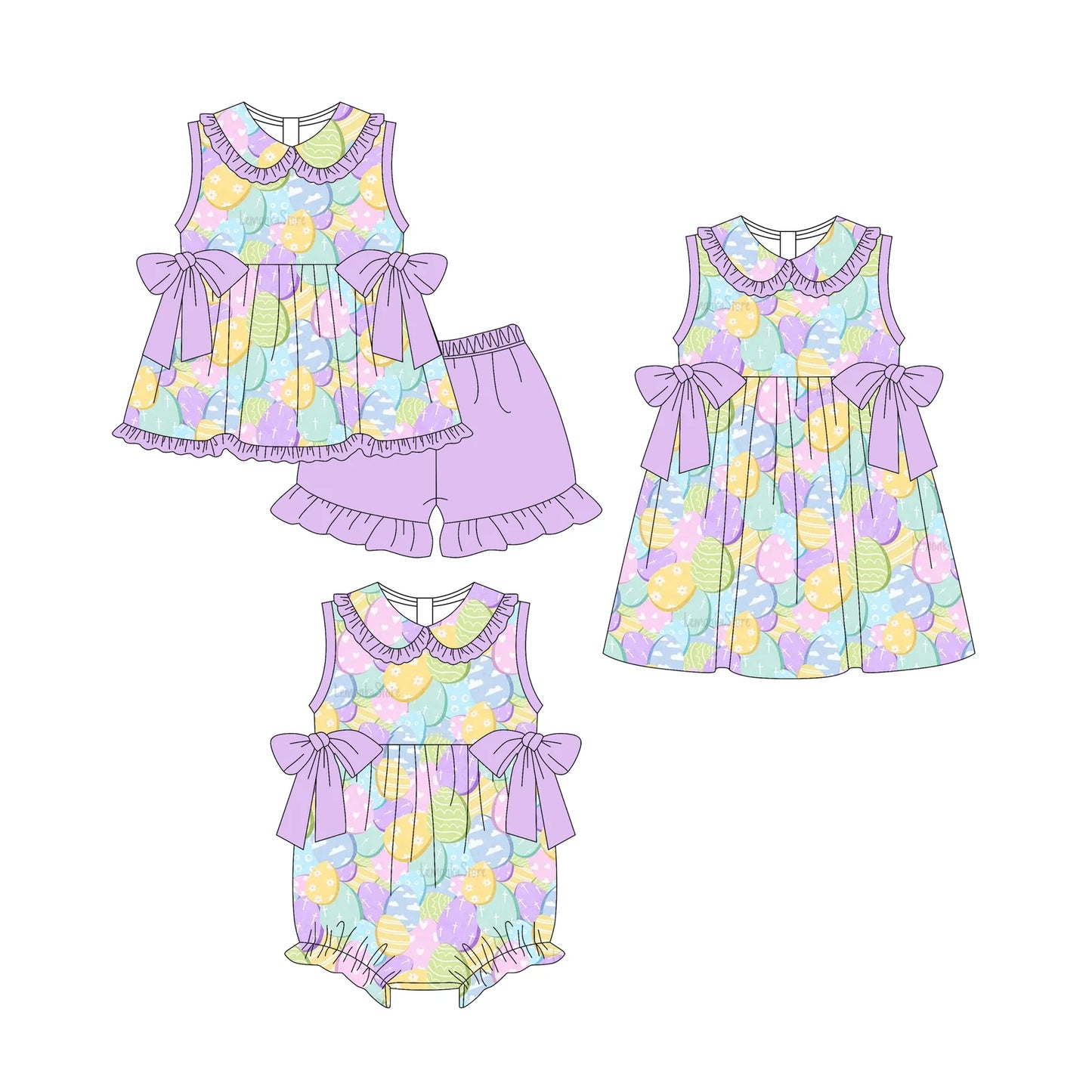 ( Moq 5 Each Style ) Baby Girl Toddler Sleeveless Eggs Bows Sibling Easter Romper Dress Set