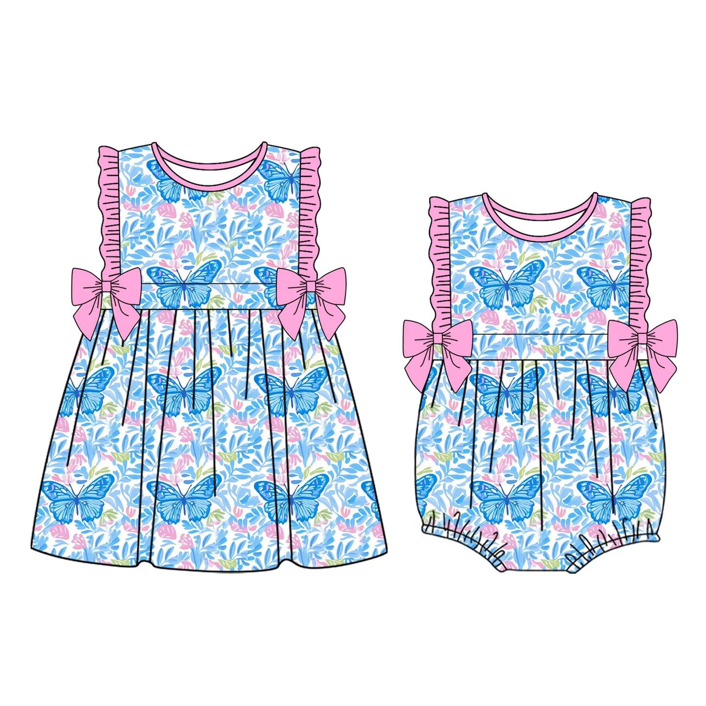 ( Moq 5 Each Style ) Baby Girls Butterfly Flower Bows Sibling Summer Romper Set