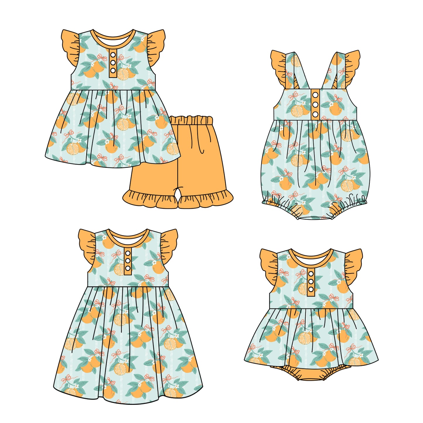 Baby Girl Floral Orange Sibling Romper Dress Clothes Set ( Moq 5 Each Design )