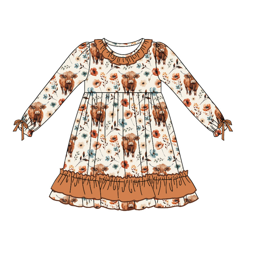 Baby Girl Long Sleeves Highland Cow Flower Dress