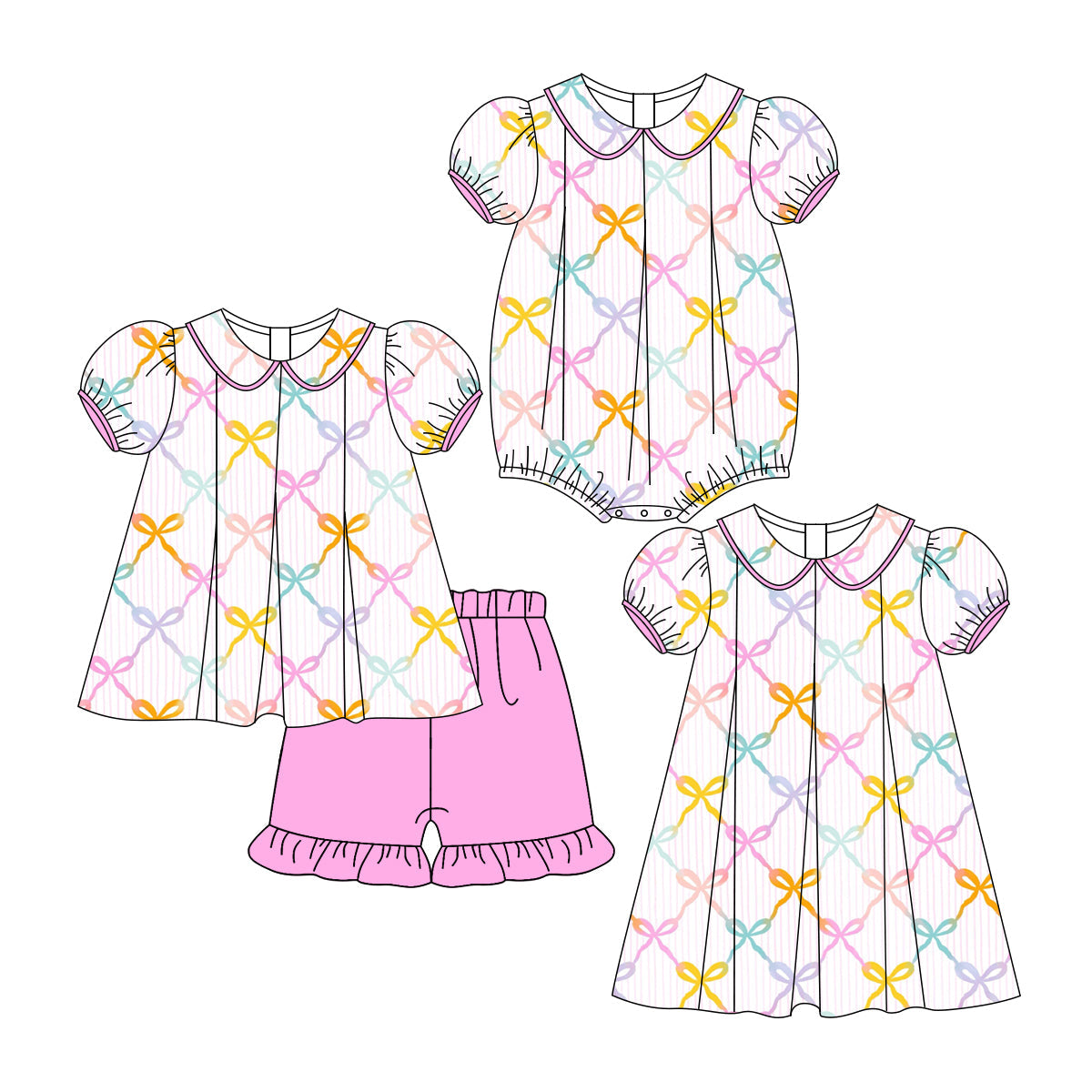 Baby Girl Short Sleeves Colorful Bows Sibling Romper Dress Set ( Moq 5 Each Style ) 3.12