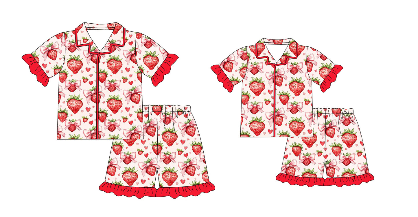 Baby Girl Toddler Adult Women Short Sleeves Strawberry Bows Hearts Sibling Family Pajamas Set ( Moq 5 Each Style ) 12.23