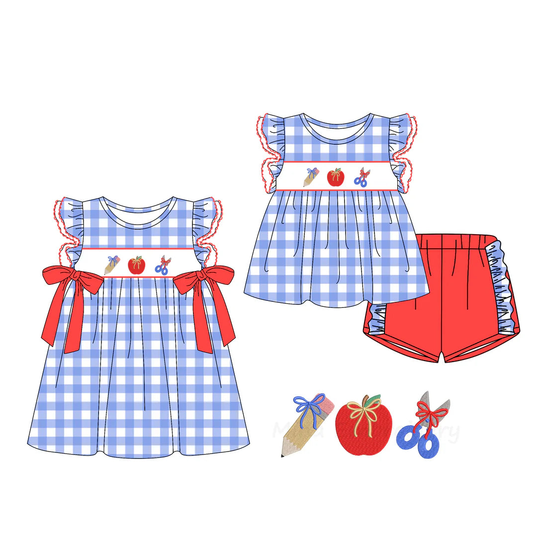 ( Moq 5 Each Style ) Sibling Baby Girls Kids Bows Blue Plaid Back to School Short Sleeves Dress Set