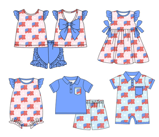 Baby Boy Girl Flags July 4th Sibling Romper Dress Set ( Moq 5 Each Style ) 12.25