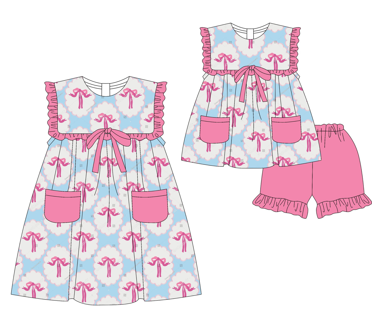 Baby Girl Ruffle Pink Bows Pockets Sibling Dress Set ( Moq 5 Each Style ) 3.5