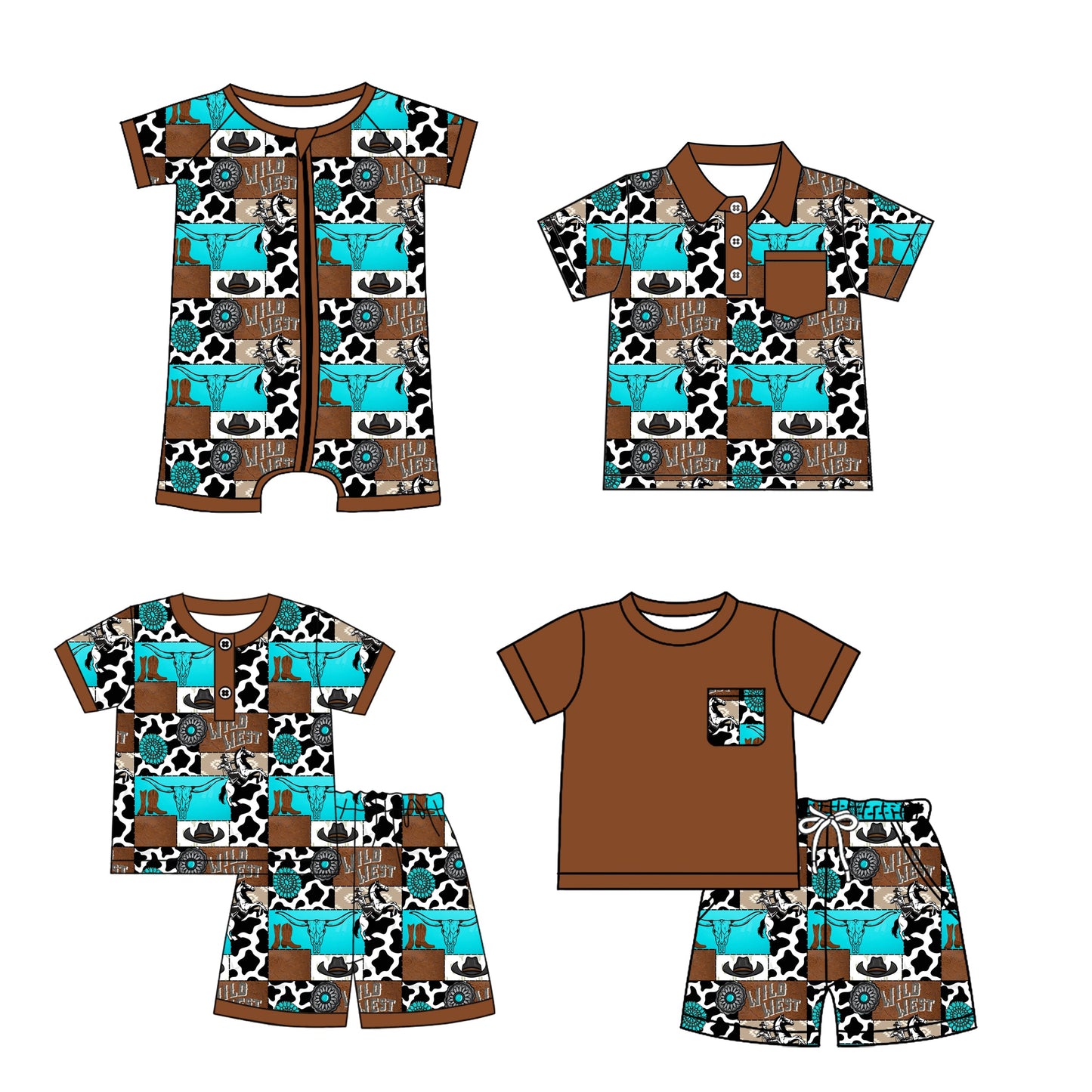 ( Moq 5 Each Style ) Baby Boy Short Sleeves Western Cow Sibling Romper Shirt Set 3.25