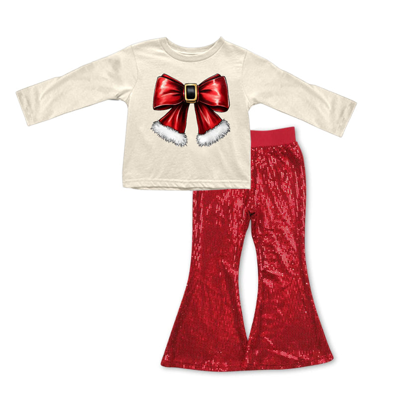 Baby Girl Long Sleeves Bow Shirt Red Sequins Pants Christmas Set