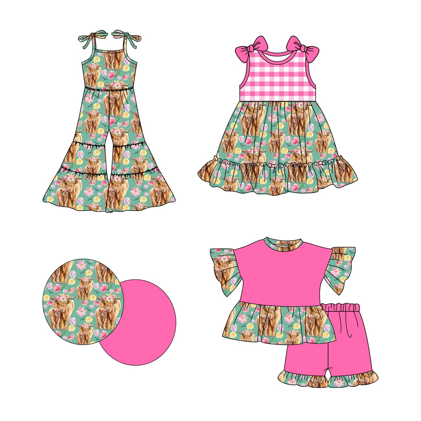 Baby Girl Western Cow Flower Sibling Jumpsuit Dress Set ( Moq 5 Each Style ) 2.20