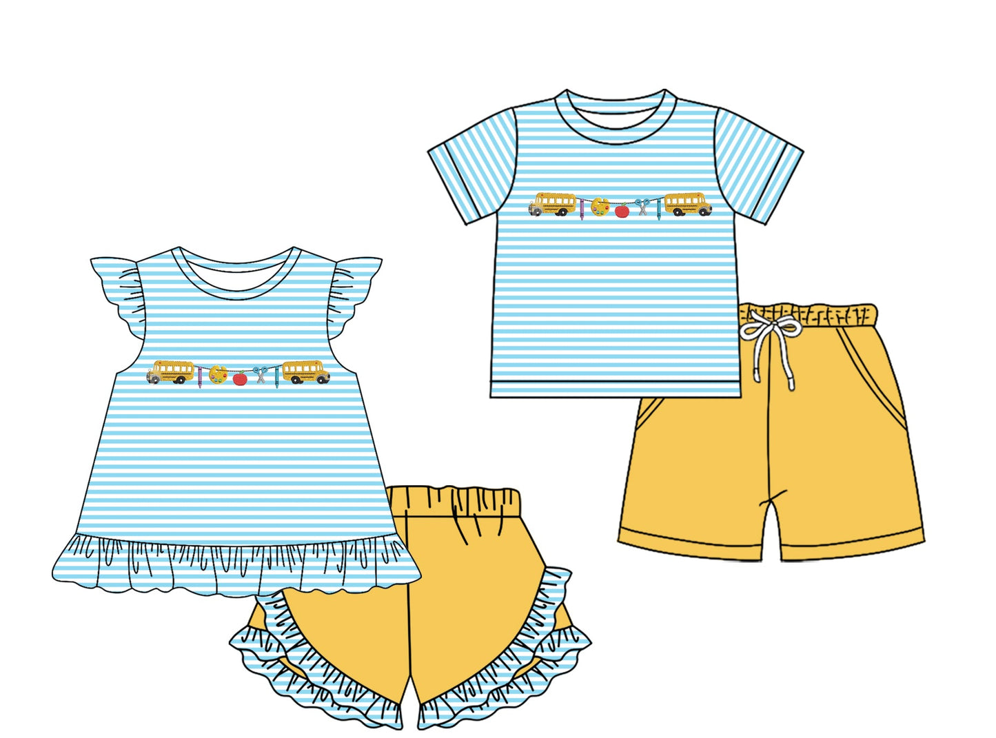 Baby Boy Girl Back To School Bus Stripes Sibling Set ( Moq 5 Each Style ) 2.7