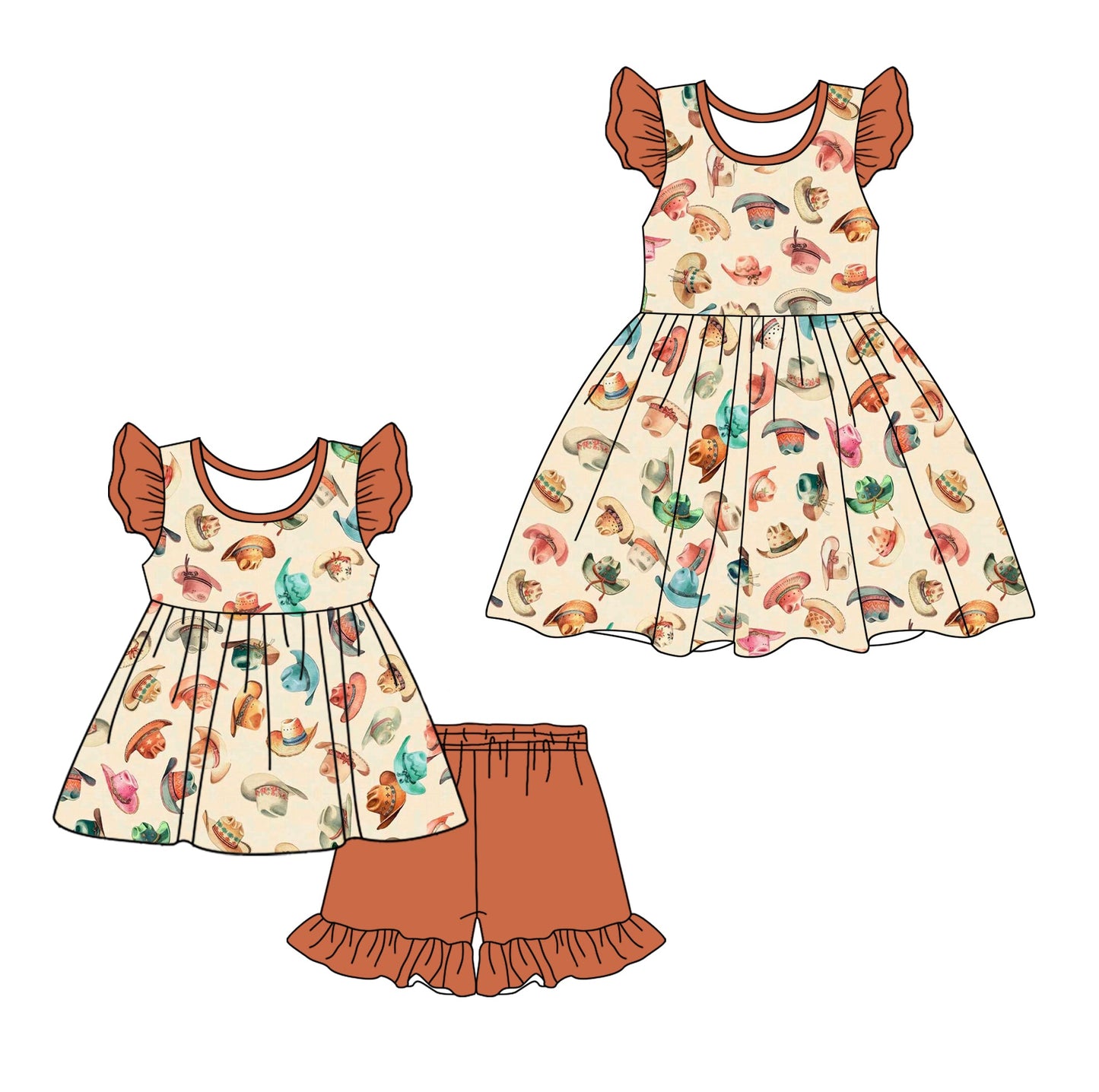 Baby Girl Short Sleeves Western Hats Sibling Dress Set ( Moq 5 Each Style ) 12.28