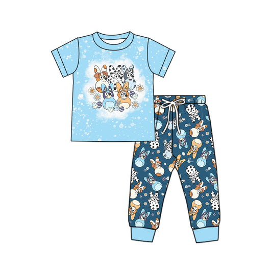 Baby Boy Blue Short Sleeves Shirt Easter Dog Rabbit Pants Set Moq 5