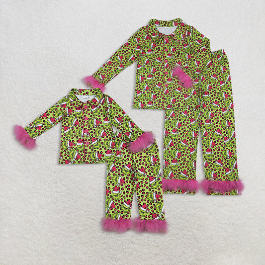 Sibling Baby Girls Adult Women Green Face Leopard Buttons Shirt Pants Christmas Fur Pajamas Set RTS