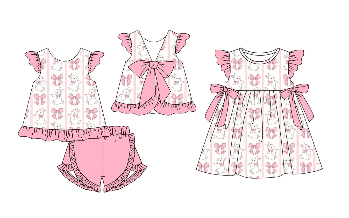 ( Moq 5 Each Style ) Baby Girls Kids Short Sleeves Rabbits Pink Bows Sibling Easter Dress Set