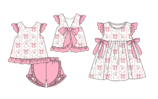 ( Moq 5 Each Style ) Baby Girls Kids Short Sleeves Rabbits Pink Bows Sibling Easter Dress Set