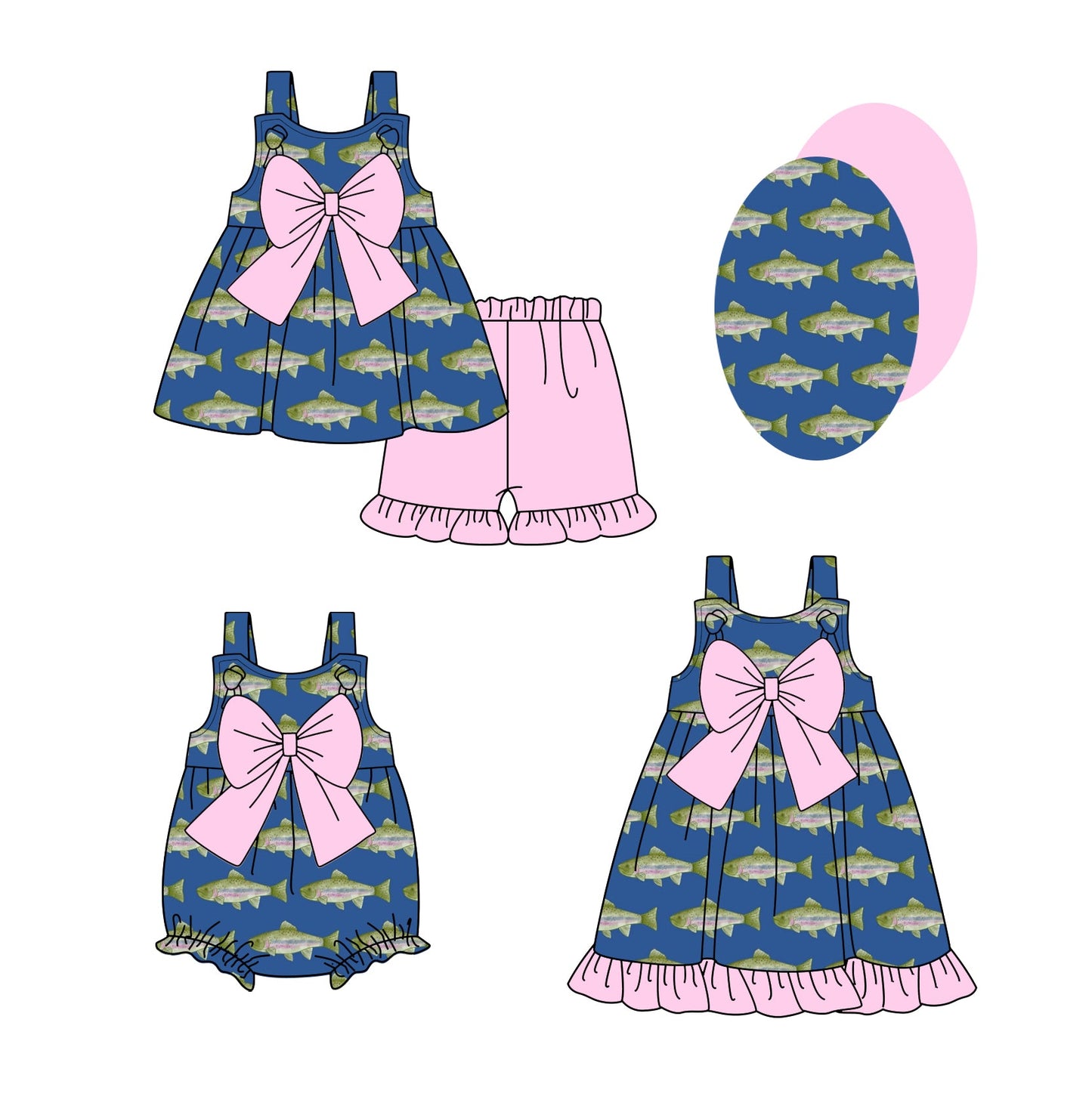 Baby Girl Fish Pink Bows Sibling Romper Dress Set ( Moq 5 Each Style ) 1.23