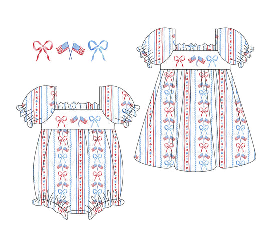 Baby Girl July 4th Bows Flags Sibling Romper Dress ( Moq 5 Each Style ) 1.10