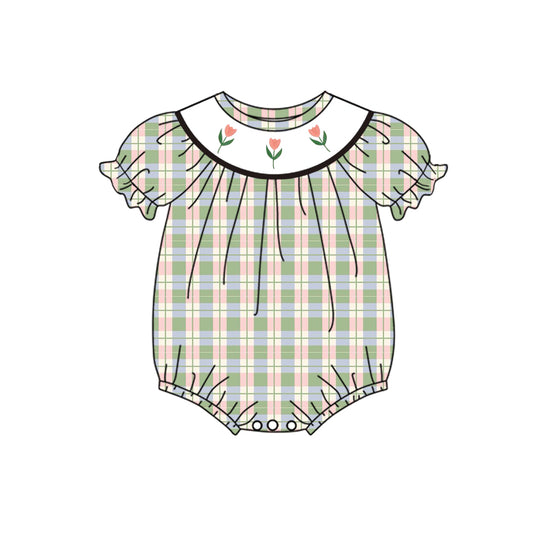 Baby Girl Infant Short Sleeves Flower Plaid Bubble Romper Moq 5