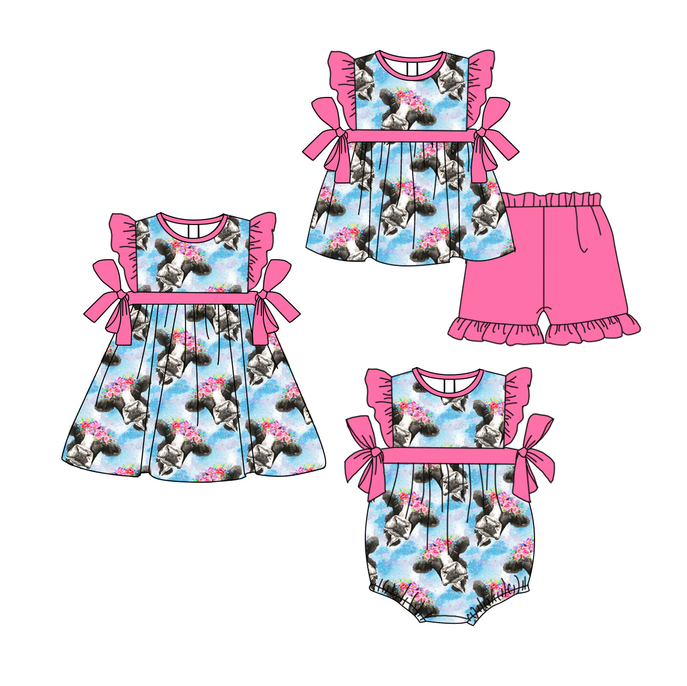 Baby Girl Cow Flower Sibling Summer Romper Dress Clothes Set ( Moq 5 Each Design )11.23
