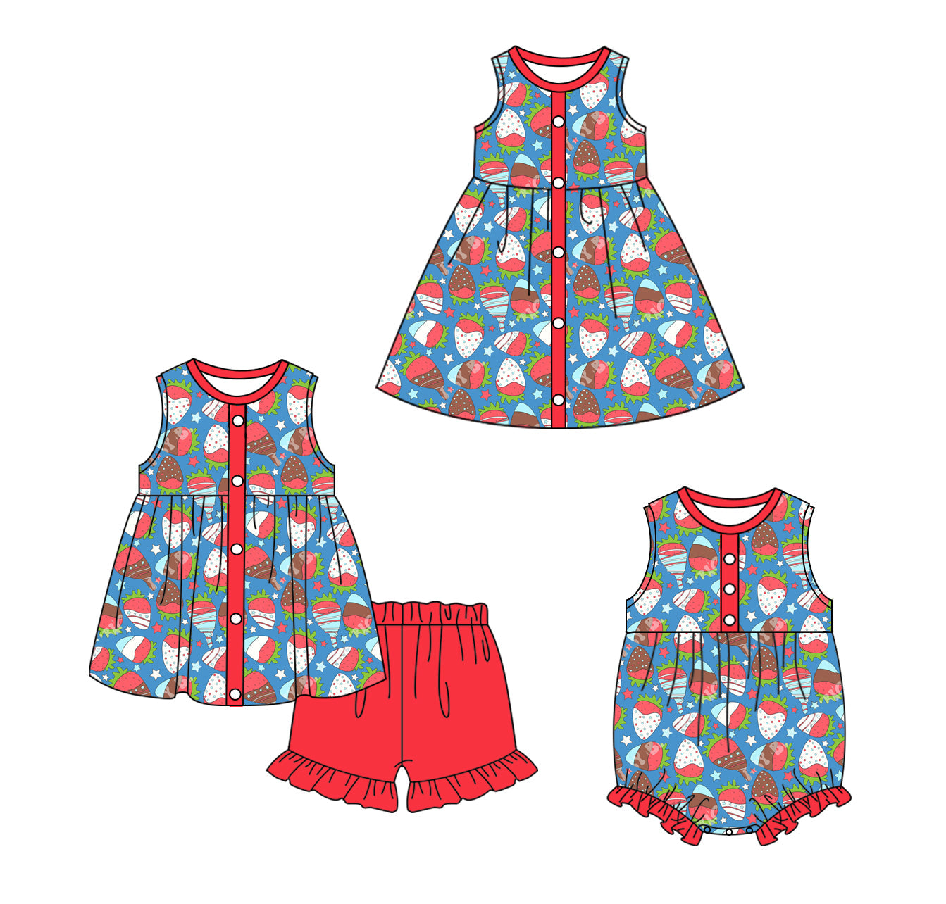 Baby Girl July 4th Strawberry Sibling Romper Dress Set ( Moq 5 Each Style ) 12.24
