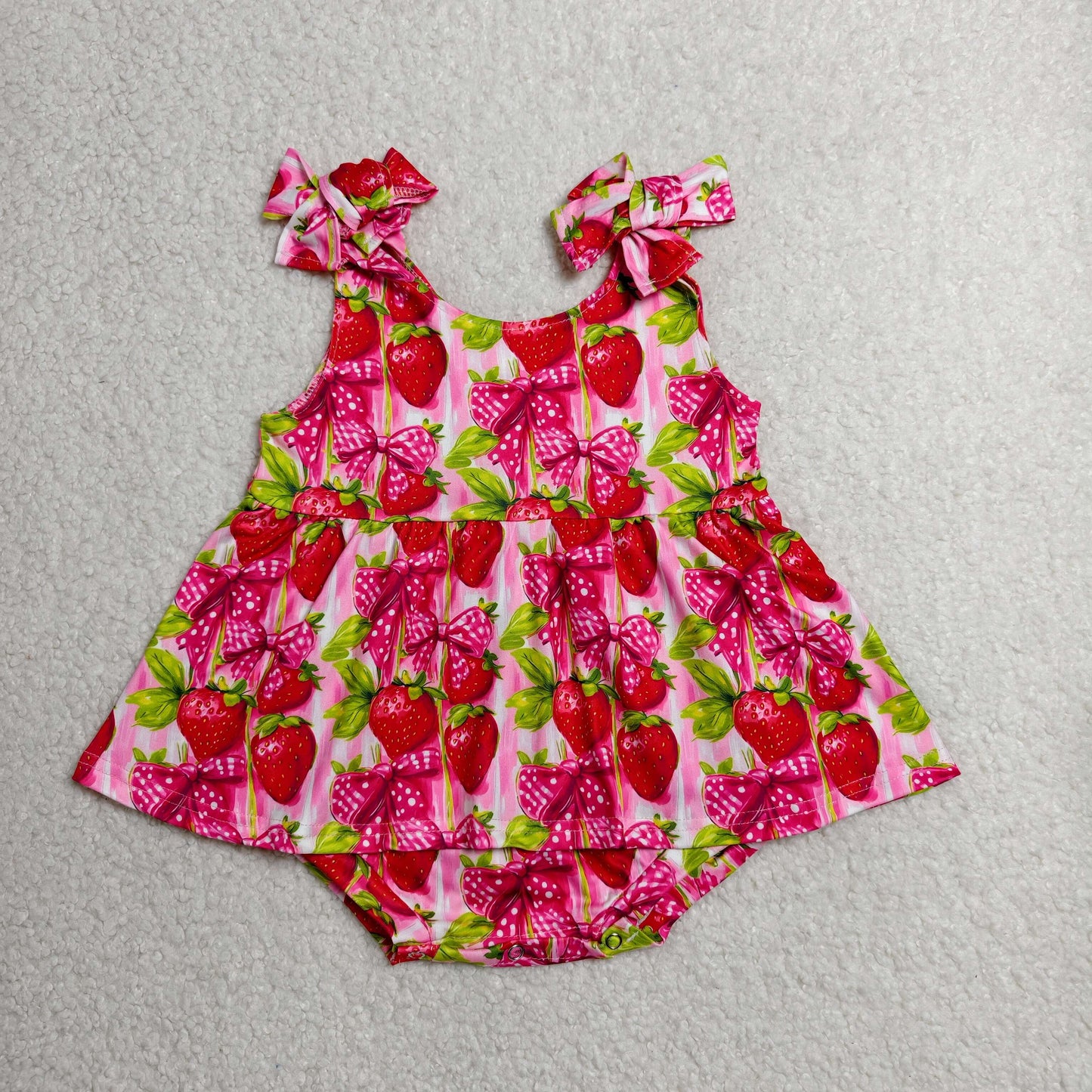 Baby Girls Infant Sleeveless Strawberry Bows Summer Ruffle Romper RTS