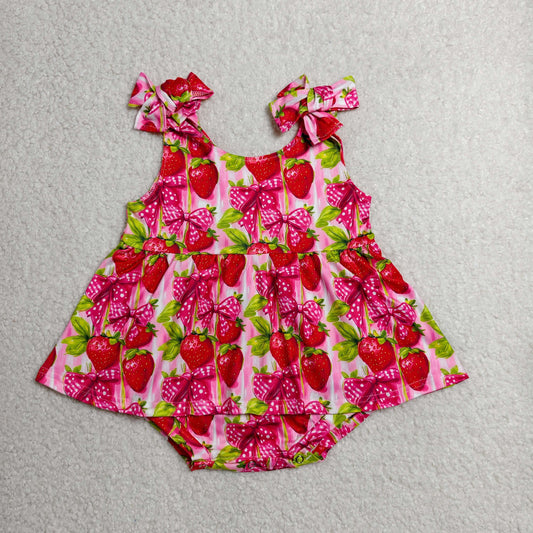 Baby Girls Infant Sleeveless Strawberry Bows Summer Ruffle Romper RTS