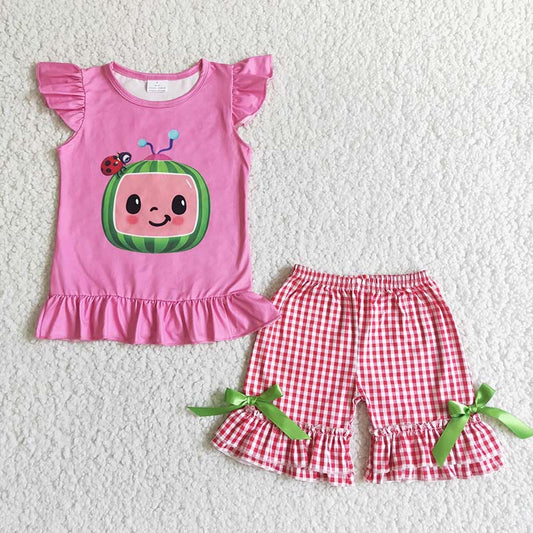 Promotion Baby Girl Summer Cartoon Melon Shirt Plaid Shorts Outfit