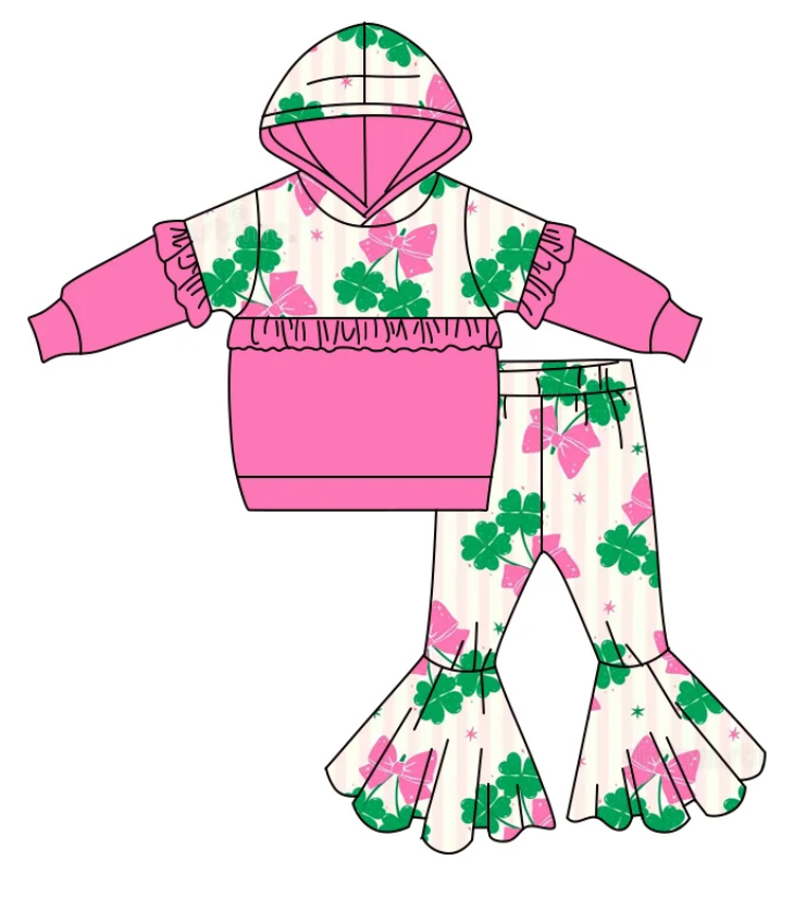 ( Moq 5 Each Style ) Baby Girls Clovers Bows St. Patrick's Day Sibling Hoodie Shirt Sets