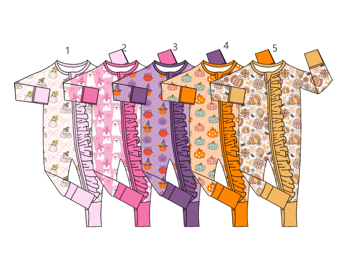( Moq 5 Each Style ) Sibling Baby Girls Infant Pumpkins Ruffle Zipper Footie Sleeper Fall Rompers Clothes