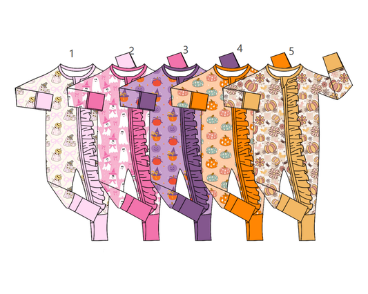 ( Moq 5 Each Style ) Sibling Baby Girls Infant Pumpkins Ruffle Zipper Footie Sleeper Fall Rompers Clothes