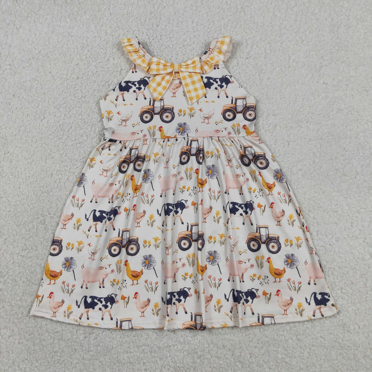 Baby Girls Kids Farm Animals Flower Plaid Ruffle Knee Length Dress RTS