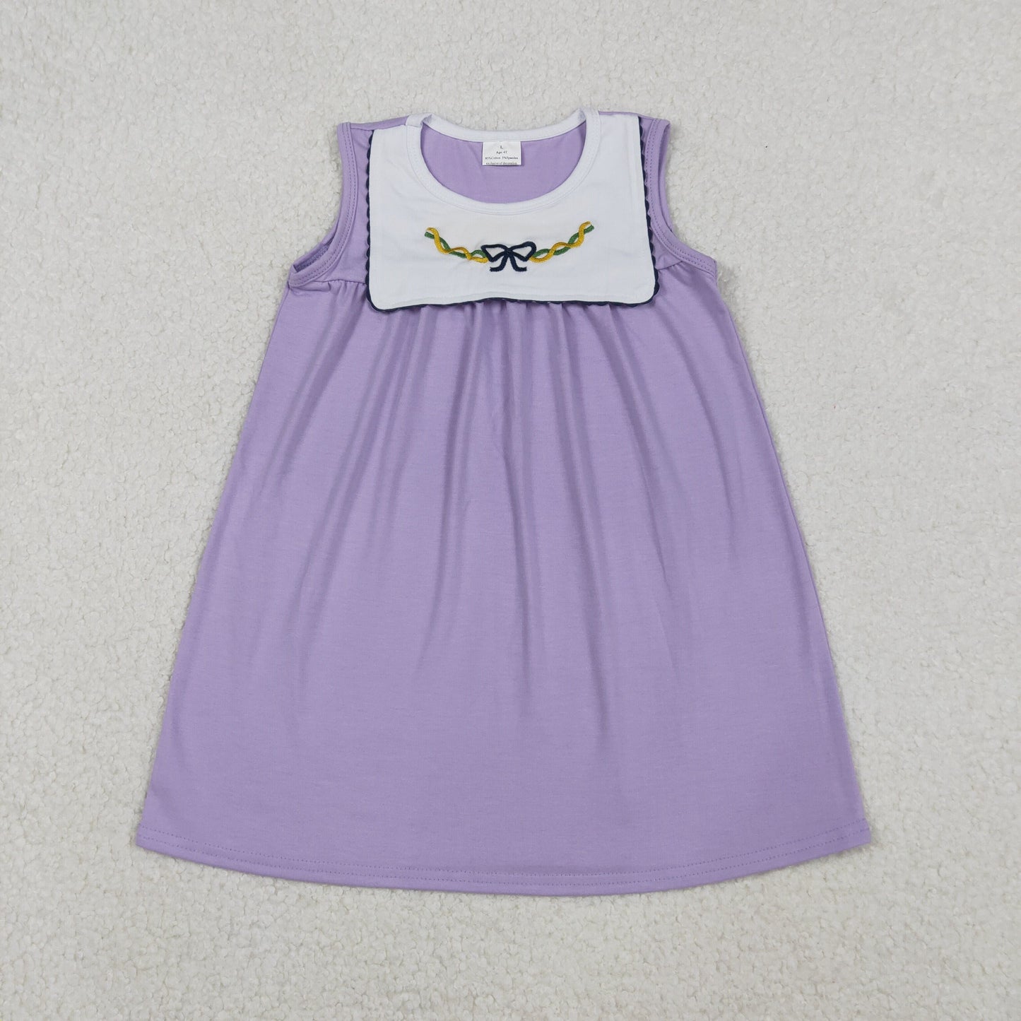Sibling Baby Girls Kids Sleeveless Mardi Gras Embroidery Bows Purple Romper Dress RTS