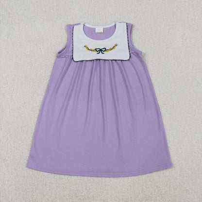 Sibling Baby Girls Kids Sleeveless Mardi Gras Embroidery Bows Purple Romper Dress RTS