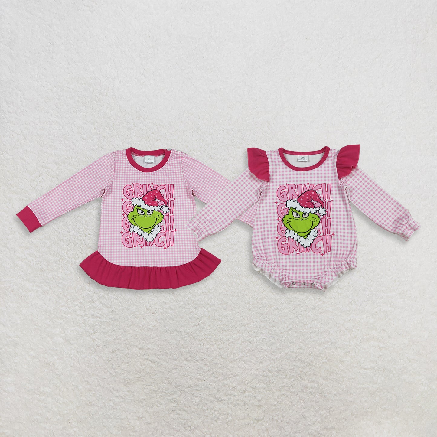 Sibling Baby Girls Kids Long Sleeves Green Face Christmas Plaid Romper Set Pink Clothes RTS