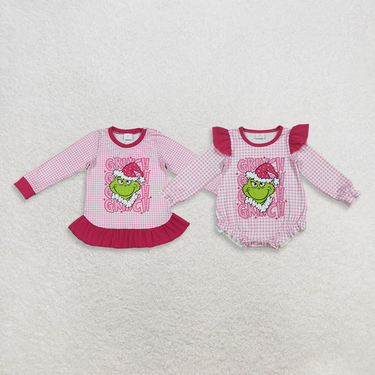 Sibling Baby Girls Kids Long Sleeves Green Face Christmas Plaid Romper Set Pink Clothes RTS