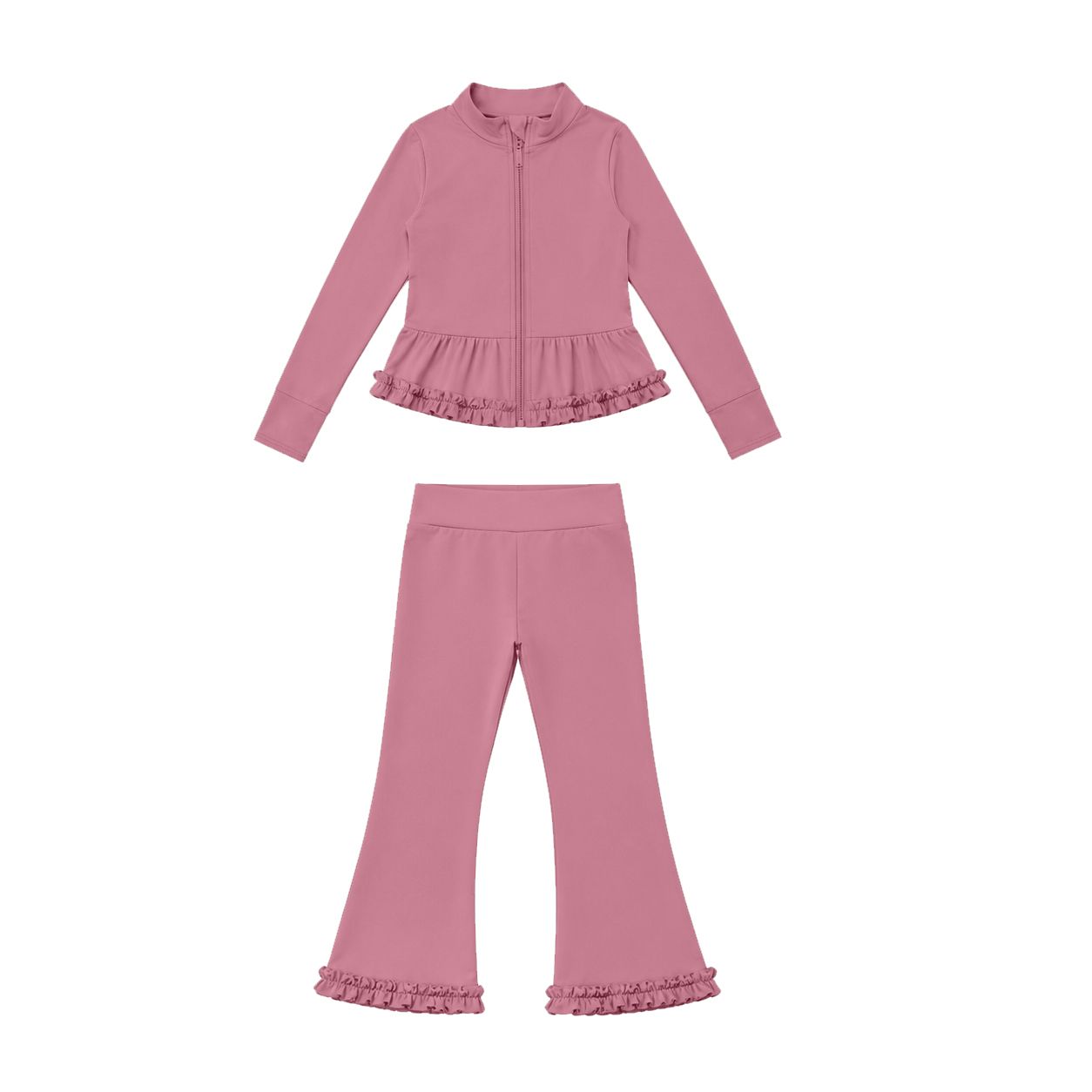 ( Moq 5 ) Preorder Baby Girls Kids Zipper Ruffle Cardigan Tops Pants Pink Set Yoga Active Clothes