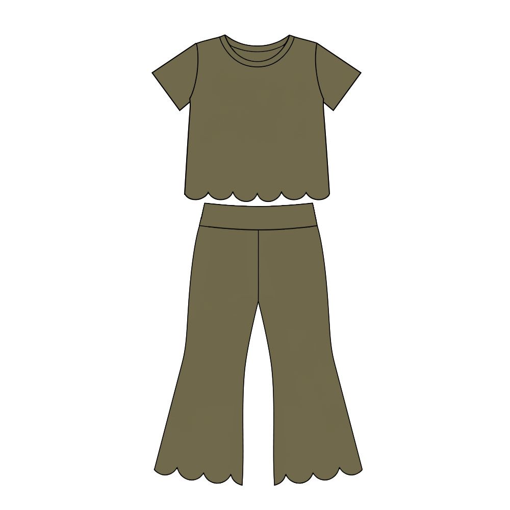 ( Moq 5 ) Preorder Baby Girls Kids Short Sleeves Olive Shirt Pants Scallop Set Clothes