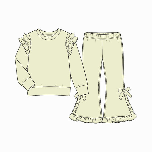 ( Moq 5 ) Preorder Baby Girls Kids Long Sleeves Shirt Bows Ruffle Pants Cotton Set Yellow Clothes