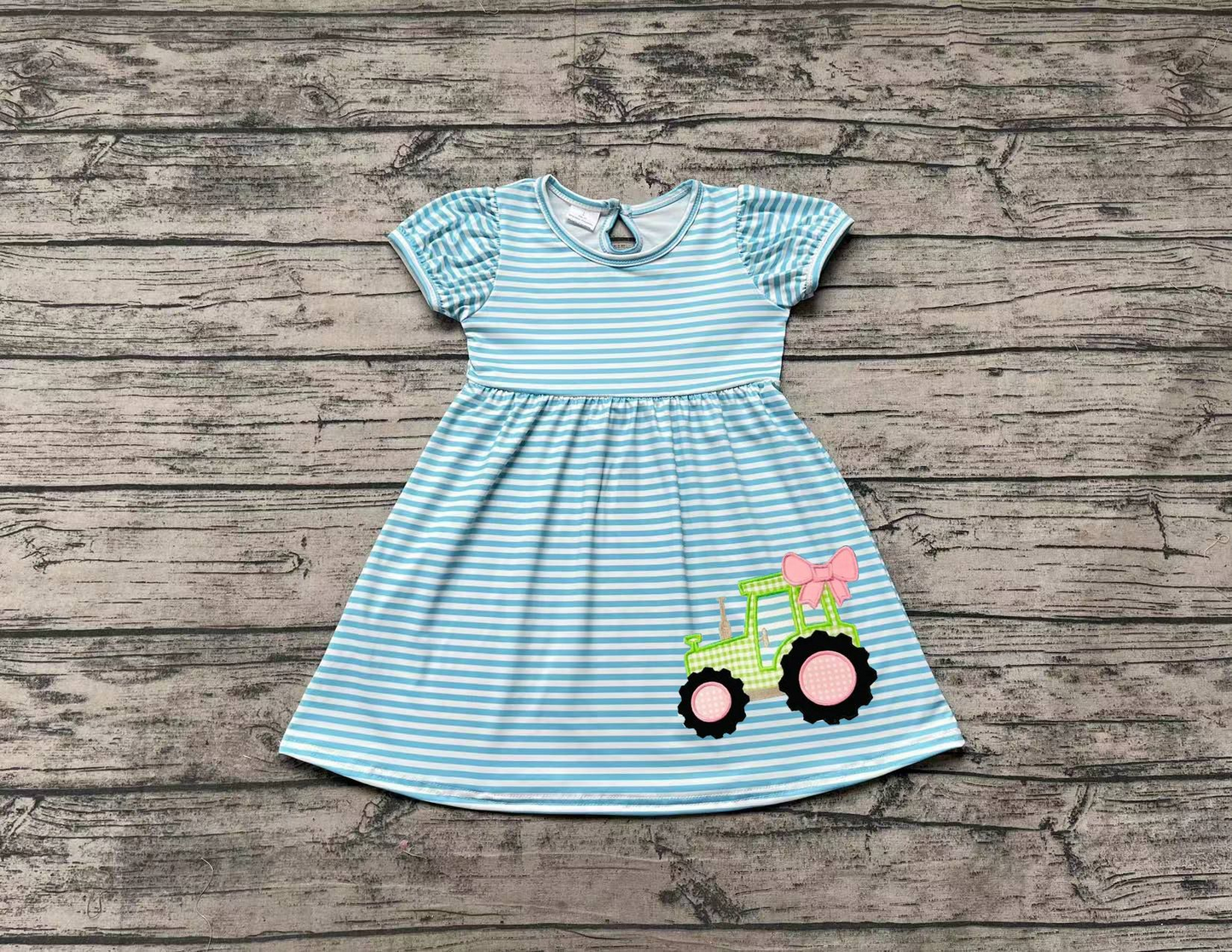 No moq Pre-order Baby Girl Short Sleeves Embroidery Tractor Stripes Dress