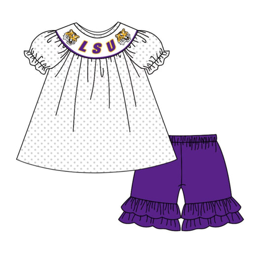 Baby Girl Short Sleeves Tiger Team Dots Tunic Purple Pants Clothes Set Moq 5