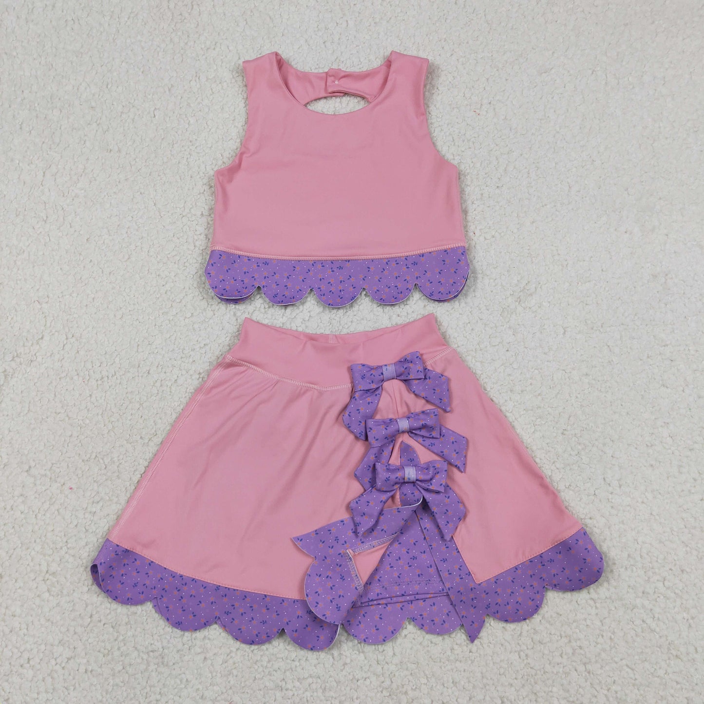 Baby Girls Kids Sleeveless Pink Tops Purple Bows Skirt Shorts Yoga Clothes Set RTS