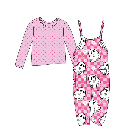 Baby Girl Pink Dots Shirt Ghost Flower Checkered Jumpsuit Set