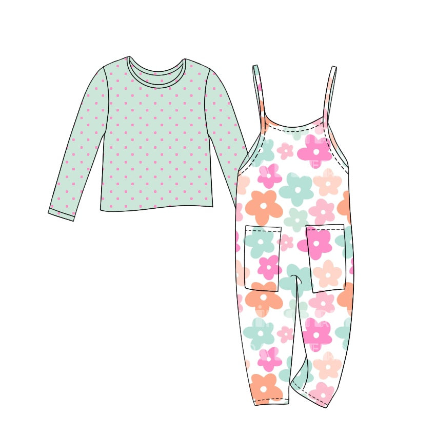 Baby Girl Green Pink Dots Shirt Flower Jumpsuit Set